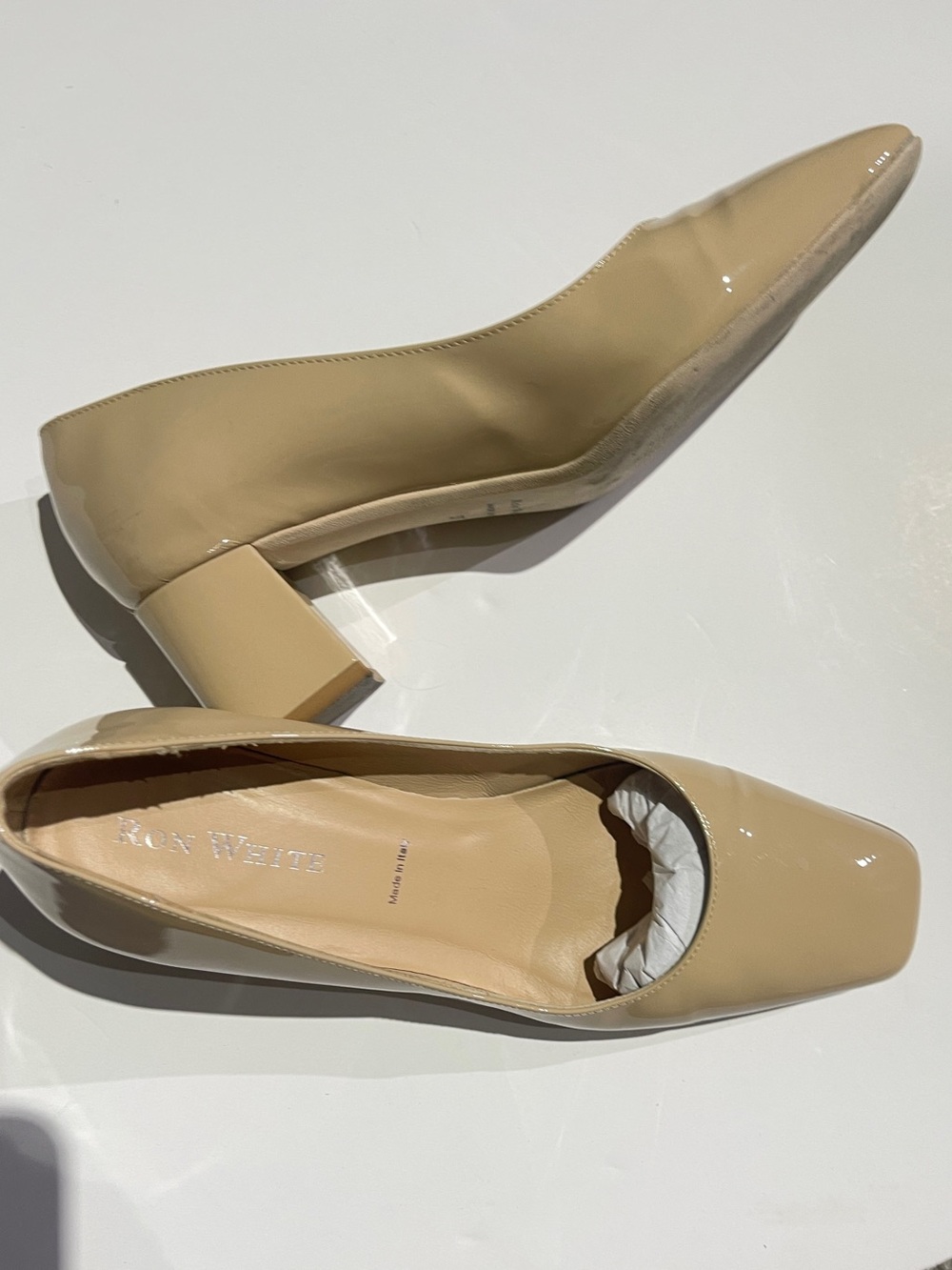 Beige Patent Block Heel Pumps - Women’s Dress Shoes